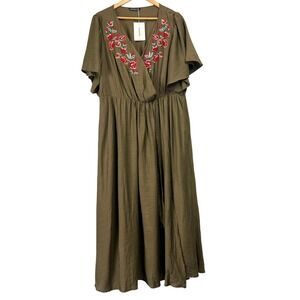 Bloomchic Olive Floral Embroidered Maxi Dress Faux Wrap Plus Sz 22-24 Boho Chic